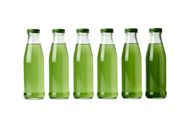The Enchanted Green Symphony: A Line of Vivacious Soda Bottles on a White or Clear Surface PNG Transparent Background..