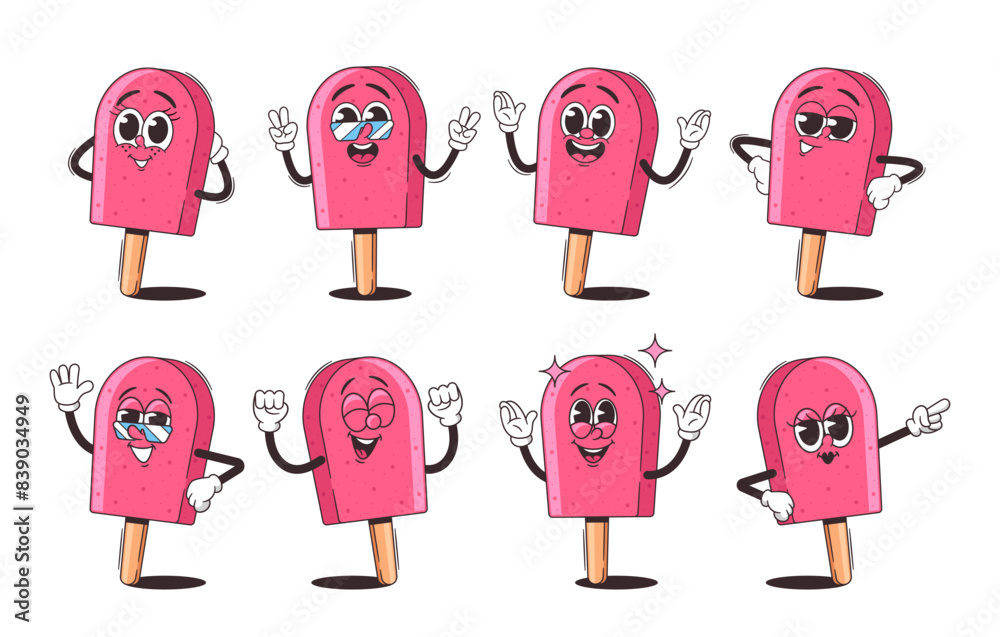 Wall mural collection of retro cartoon ice cream characters displaying unique expressions. pink popsicle groovy