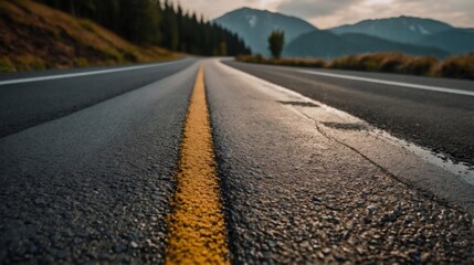 Fototapeta premium two-lane road with a yellow line in the middle dividing the two lanes and the only other objects visible in the image are the mountains in the background.