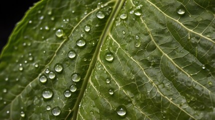 Fototapeta premium Green leaves. A close-up view of a green leaf. The leaf is large and oval-shaped, with serrated edges. It is a deep green color, and it is covered in small veins and there are small drops of water.