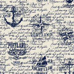 Obraz premium Grunge marine and nautical badges with ink lettering background vintage vector seamless pattern for fabric wear shirt tablecloth wrapping pillow