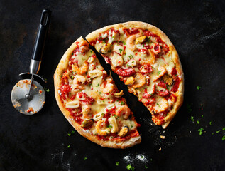 Sliced pizza with frutti di mare on dark ground