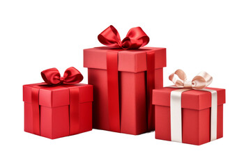 Fototapeta premium Three Scarlet Present Parcels Adorned With Snowy Bands and Knots on a White or Clear Surface PNG Transparent Background..