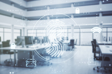 Abstract virtual fingerprint hologram on a modern furnished office background. Multiexposure