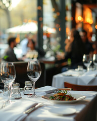 spacious restaurant table with white table cloth, people dining
