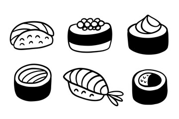 Sushi Roll Japanese Food Doodle Icons Set