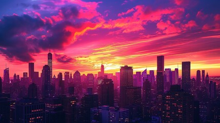 Fototapeta premium A city skyline silhouetted against a vibrant sunset, with skyscrapers reaching up towards the painted sky.