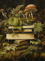Cottagecore, dark academia poster, Botanical Books with Enchanted Mushrooms and Foliage