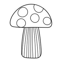 Doodle mushroom in black and white isolated. Hand drawn cute nature element for kids design in outline. Great for apparel, prints, stickers. Vector illustration