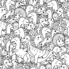 Fototapeta premium Cute dinosaurs black and white seamless pattern for kids. Funny dino characters coloring page. Doodle outline background. Vector illustration