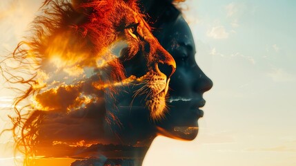 Double exposure of a woman's profile merged with a lion's face, symbolizing strength, courage, and inner power against a sunset sky backdrop.