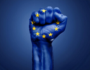 Hand wrist and clenched fist in concept of rebellion and demand painted like the European flag 