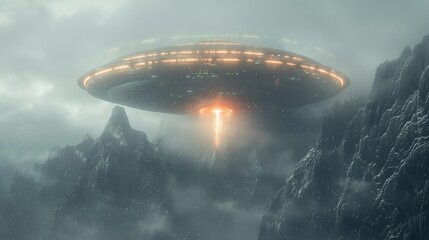 Obraz premium A colossal UFO casting an eerie shadow over a dense, misty mountain range, with vibrant, otherworldly energy emanating from its core, highlighting the fog