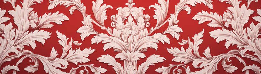 Elegant red and white damask patterned wallpaper with intricate floral design, perfect for home decor or interior design projects.