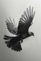 Pigeon flying in the air. Black and white image.
