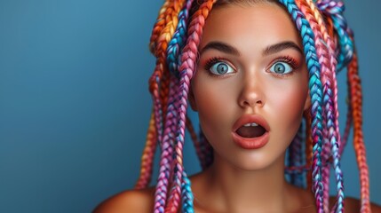 Fototapeta premium Young woman with colourful braids hair, screaming or shouting, surprised look. Wide banner copy space on sides