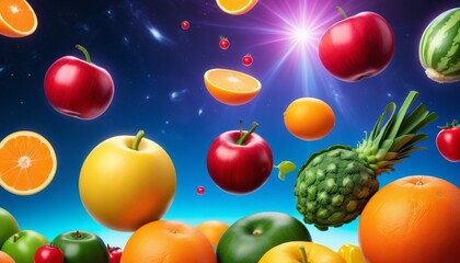 A stunning collection of vibrant fruits floating in a space-themed background, featuring apples, oranges, pineapples, and more. Perfect for creative and food-related concepts.. AI Generation