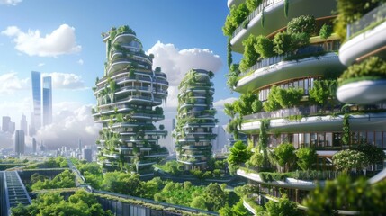 a futuristic city thriving with vertical farms