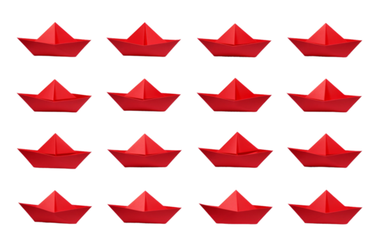 Towering Red Paper Boats on a White or Clear Surface PNG Transparent Background..