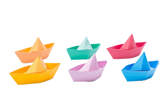 Towering Paper Boats on a White or Clear Surface PNG Transparent Background..