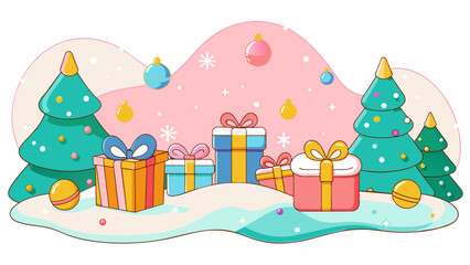 Whimsical Cartoon Christmas Scene with Trees and Gifts