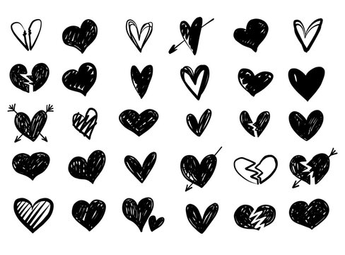 Vector heart icon sketch doodle illustration set with broken heart shape. Black and white monochrome collection