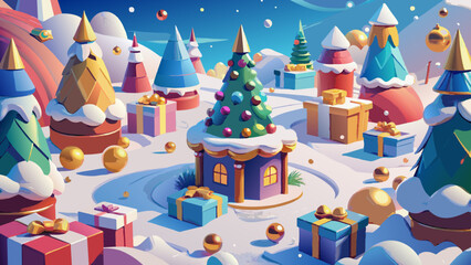 Whimsical Winter Wonderland with Festive Gifts and Snow-Covered Trees