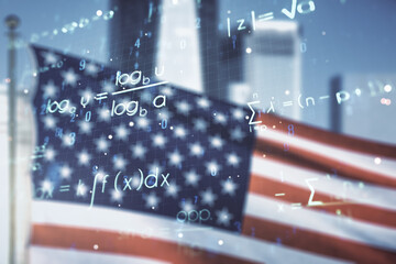 Scientific formula hologram on US flag and skyline background, research concept. Multiexposure