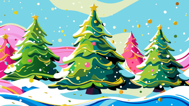 Festive Winter Landscape with Decorated Christmas Trees and Snowflakes