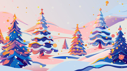 Festive Winter Wonderland with Colorful Christmas Trees and Snowy Landscape