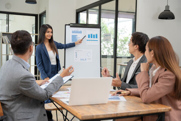 Obraz premium Group of Asian businessmen are presenting graphs on a whiteboard.