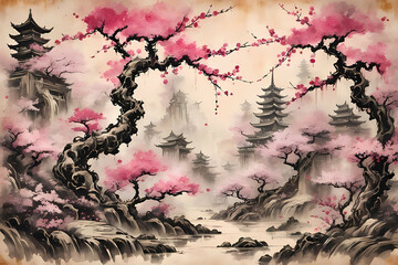 A Dreamy Ink Wash Painting of Cherry Blossoms