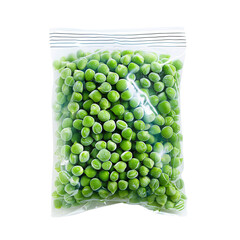 Frozen Green Peas : A clear plastic bag filled with frozen green peas on a white background