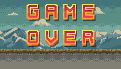 Game over Pixel art design with mountain landscape background. Colorful arcade screen for game design. © ad_stock