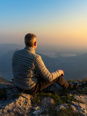 Rear view of hiker on mountaintop, Orobie Alps, Lecco, Italy