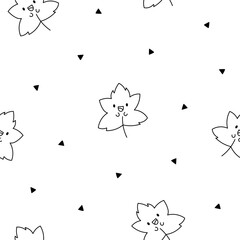 Funny kawaii leaf cartoon character. Seamless pattern. Coloring Page. Cute nature plant. Hand drawn style. Vector drawing. Design ornaments.