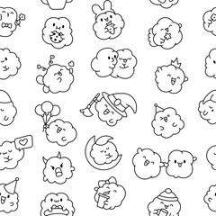 Cute kawaii popcorn with a smile. Seamless pattern. Coloring Page. Cartoon funny food character. Hand drawn style. Vector drawing. Design ornaments.
