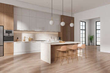 Luxury home kitchen interior with bar counter and stool, cabinet and window