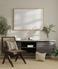 Mockup poster oriental Style wood frame in empty picture, living room interior vertical wooden floor in illustration 3d render