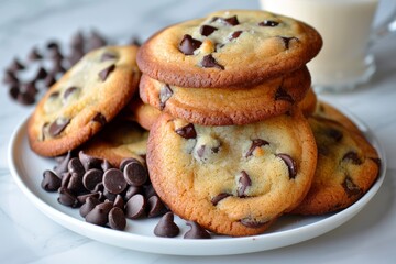 Plate of freshly baked chocolate chip cookies with a glass of milk on a cozy kitchen table