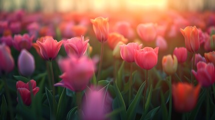 A colorful field of tulips basking in the soft light of sunset, their petals aglow with shades of pink and orange.