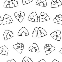 Cute kawaii onigiri. Seamless pattern. Coloring Page. Funny sushi cartoon character. Asian rice and nori food. Hand drawn style. Vector drawing. Design ornaments.