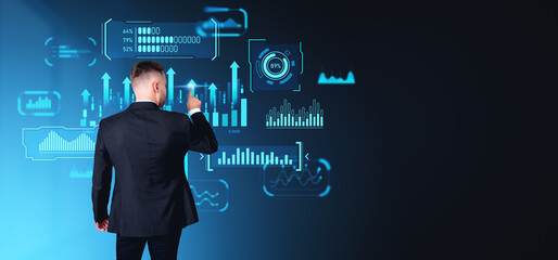 Businessman finger touch graph chart with research data hologram. Copy space