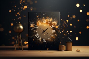 Artistic canvas print of a clock exploding with sparkles on a warm, elegant interior backdrop