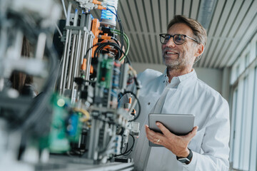 Smiling male scientist holding digital tablet examining machinery in laboratory
