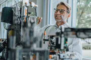 Smiling male technician examining machinery in laboratory