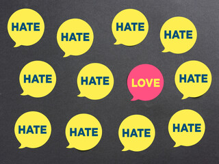 The words love and hate on speech bubbles.