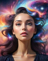 Fototapeta premium A woman with vibrant, cosmic-colored hair stands against a starry backdrop. Her serene expression and the swirling colors create an ethereal, otherworldly atmosphere.. AI Generation