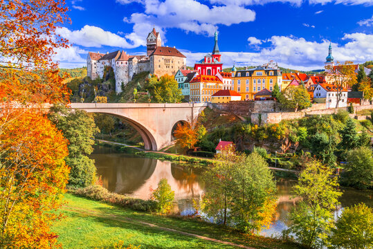 Loket, Czech Republic. Charming town, Ohre River in the near of Karlovy Vary, Bohemia, autumn colors.