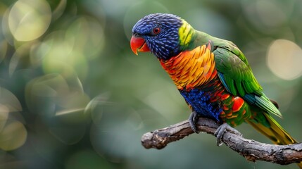 A colorful parrot perched on a branch, its vibrant plumage glowing in the dappled sunlight.